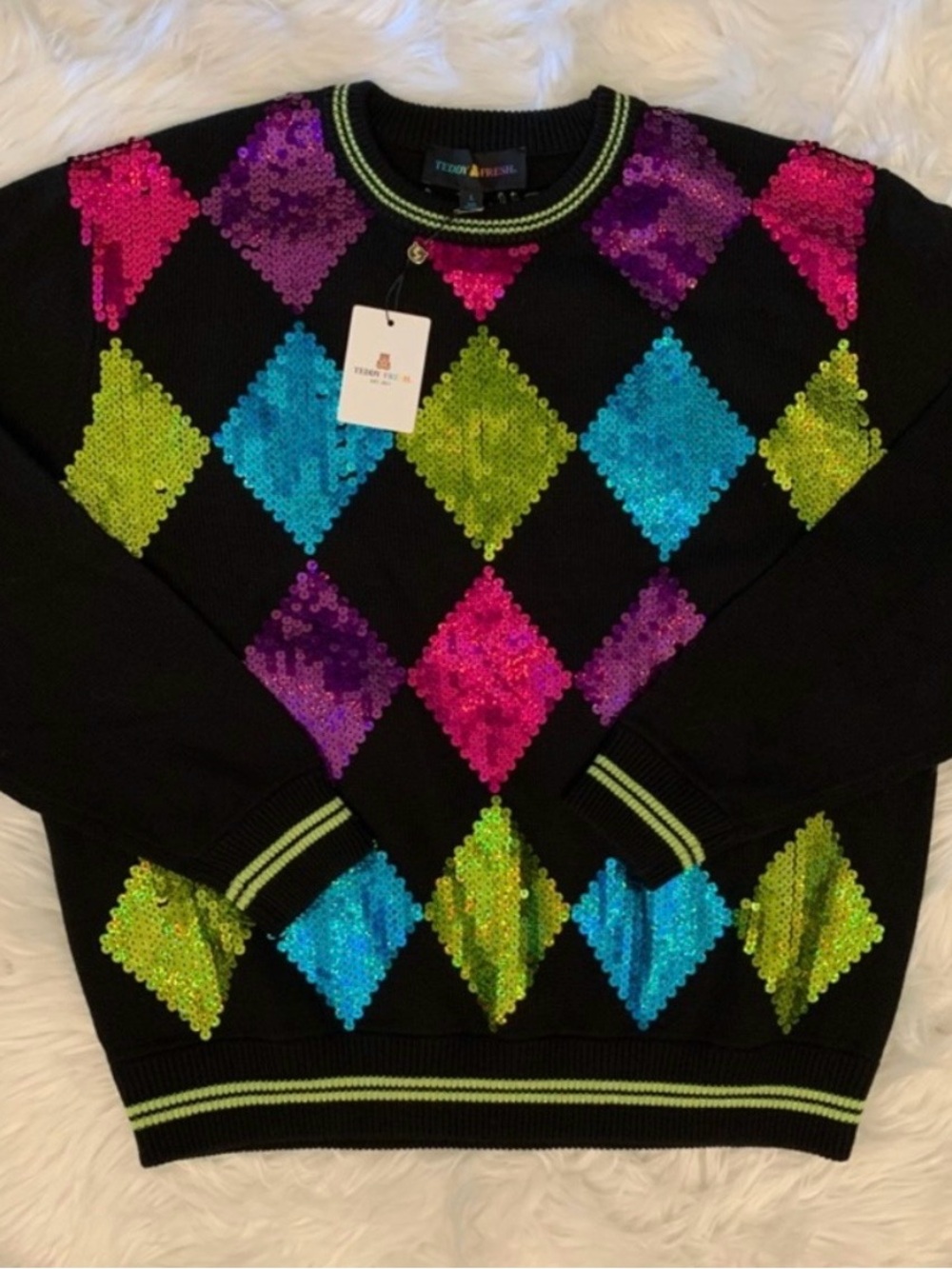 Teddy Fresh NWT Large Black Crew Sweater Multicolor Sequins Argyle Style Unisex